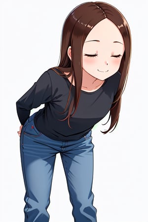 1girl, solo, long hair, kiss, bangs, simple background, brown hair, shirt, long sleeves, white background, eyes closed, sidelocks, pants, parted bangs, black shirt, leaning forward, arms behind back, denim, forehead, jeans, blue pants,aatakagi