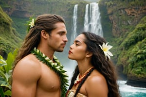 cinematic film still, full shot of 30 year old teenage Irish American man named Steve, wearing traditional Polynesian clothing, long hair; standing beside an aged up 30 year old Polynesian woman named Moana; kissing each other on the lips, pacific island with waterfall in the background, ambient light, Nikon 15mm f/1.8G, by Alessio Albi, by Annie Leibowitz, by Lee Jeffries