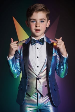 a young Irish American boy in a tuxedo with a chevron pattern, holographic!!!, shimmering and prismatic, holographic material, holographic, sparkly, holographic suit, shocked,