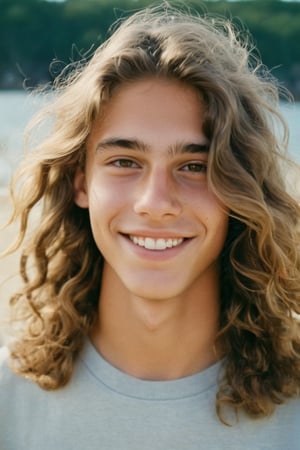 photo of a rich 18-year-old mixed with Brazilian and German tomboy model, living in Cape Cod, long masculine wavy hair, cute smile and face,  teenager, tomboy, hazel eyes, she is very masculine in demeanor, Kodak ultra max disposable cinematic photography, soft lense