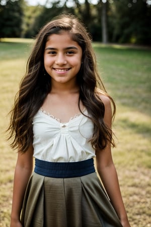 a 12 year old Latina girl, (((12yo))),  cute preteen girl with dark brown hair, and expressive eyes, Full body, standing, brown eyes, her expression joyful, open smile, a natural elegance in her bearing.  Rosa is a strong and determined girl, just like her mother. She is passionate and loving, but can also be stubborn. She has a major crush on her childhood friend 13 year old Irish American boy named Zach. Solo, She dresses in clothing, (((a long dress and a long skirt))), 1girl, full body, masterpiece, best quality, high resolution, 8K, HDR, bloom, raytracing, detailed shadows, bokeh, depth of field, film photography, film grain, glare, (wind:0.8), detailed hair, ultra detailed eyes, cinematic lighting, (hyperdetailed:1.15),