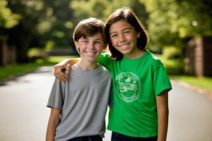 13 year old Irish American boy with very short brown hair wearing a t shirt, with his best friend who is a 12 year old Asian American female tomboy with very short hair, arms around each other,