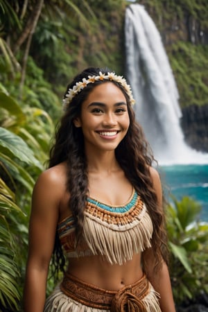 cinematic film still, wide shot of a beautiful 25 year old Polynesian woman  named Moana, smiling, wearing traditional Polynesian clothing; pacific island with waterfall in the background, ambient light, Nikon 15mm f/1.8G, by Alessio Albi, by Annie Leibowitz, by Lee Jeffries