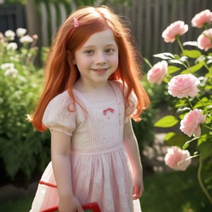 8 year old Nicolette is standing in a sunny garden, her long red hair. She wears a dress with delicate lace details, smiling sweetly as she holds a small stuffed toy. Nearby, her neighbor Zach, a year older, is playing with a toy truck, oblivious to her admiration. Nicolette’s wide, innocent eyes often glance toward him, her soft, rosy cheeks turning slightly pink as she watches him. Even at 8, she’s drawn to him, trying to catch his attention by standing gracefully beside blooming flowers, her heart-shaped pendant glinting in the sunlight.