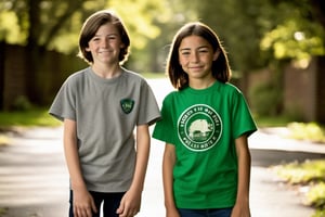 13 year old Irish American boy with very short brown hair wearing a t shirt, with his best friend who is a 12 year old Asian American tomboy girl,