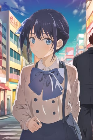 ((best quality)),((highly detailed)),masterpiece,absurdres,detailed face,beautiful face,(detailed eyes, deep eyes),(1girl),((dynamic pose)), ,minase, blue eyes, school uniform, short hair, blue hair, bangs,walking, at night, (eyes looking away from the viewer:1.3, looking away from viewer:1.3), hands in pocket, nighttime, city streets, neon signs, crowd behind,