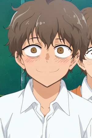 nagatoro hayase, messy hair,sanpaku, brown hair,brown eyes, smile, button down shirt, 1boy,