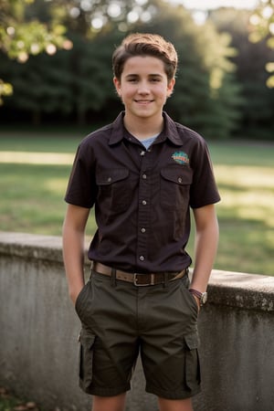 a 13 year old Irish American boy, (((13yo))),  boy with dark brown hair, and expressive eyes,Full body, brown eyes, his expression is happy, a natural elegance in his bearing. Zach is a confident boy. He is passionate and loving. He dresses in clothing, (((shirt, cargo shorts)), 1boy, full body, masterpiece, best quality, high resolution, 8K, HDR, bloom, raytracing, detailed shadows, bokeh, depth of field, film photography, film grain, glare, (wind:0.8), detailed hair, ultra detailed eyes, cinematic lighting, (hyperdetailed:1.15),