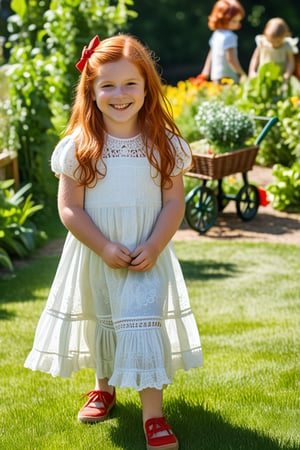 8 year old girl  named Nicolette is standing in a sunny garden, her long red hair. She wears a dress with delicate lace details, smiling sweetly as she holds a small stuffed toy. Nearby, her neighbor Zach, a year older, is playing with a toy truck, oblivious to her admiration.