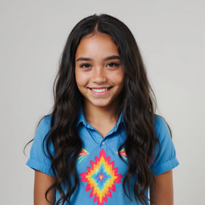 13 year old polynesian girl smiling in front od the camera, long wavy black hair, blue shirt, vivid colors and ultra-HD quality, white background. 