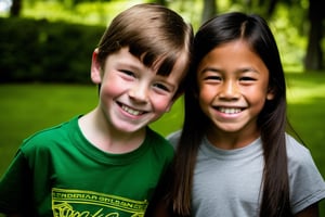 10 year old Irish American boy with brown hair wearing a t shirt, with his best friend who is a 9 year old Asian American girl wearing a skirt,