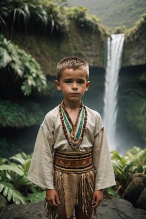 cinematic film still, full body, Portrait of a 10 year old Irish American boy named Steve, wearing traditional Polynesian clothing, short hair; pacific island with waterfall in the background, ambient light, Nikon 15mm f/1.8G, by Alessio Albi, by Annie Leibowitz, by Lee Jeffries