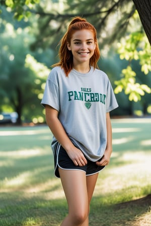 "Nicolette, now 12, stands at the edge of a park, her red hair still long but now loosely tied back in a ponytail. Her style has shifted—she wears a pair of sneakers, shorts, and a baggy t-shirt, showing the beginnings of her tomboyish transformation. There's a hint of confidence in her stance as she leans casually against a tree, arms crossed, watching Zach, her neighbor and best friend, who is busy tossing a football nearby. Her once delicate features are more relaxed and rugged now, with traces of dirt on her knees from earlier games. Though her clothes and demeanor have changed, the way she glances at Zach still shows a lingering crush, though she tries to hide it behind a playful smirk, hoping he’ll ask her to join in."