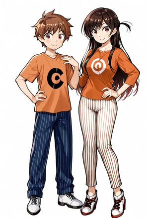  white background, looking at viewer, brown hair, long hair, shirt, 1girl, 1boy, brown eyes, standing, full body, shoes, striped pants, hand on hip, white footwear, t-shirt, orange shirt, spiral print shirt, smile, sneakers, mizuhara chizuru, kinoshota kazuya