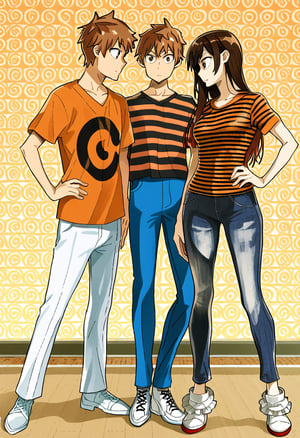  brown hair, shirt, 1boy, 1girl, brown eyes, standing, full body, looking at another, shoes, striped, pants, hand on hip, white footwear, t-shirt, orange shirt, spiral print shirt, sneakers, KINOSHITA KAZUYA, MIZUHARA CHIZURU