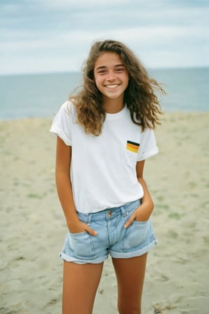 photo of a rich 18-year-old mixed with Brazilian and German tomboy model, living in Cape Cod, long masculine wavy hair, cute smile and face,  teenager, tomboy, t shirt, cargo shorts, dresses like a guy, full body, hazel eyes, Kodak ultra max disposable cinematic photography, soft lense