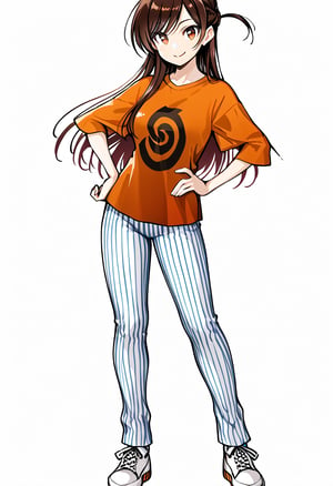 solo, white background, looking at viewer, brown hair, long hair, shirt, 1girl, brown eyes, standing, full body, shoes, striped pants, hand on hip, white footwear, t-shirt, orange shirt, spiral print shirt, smile, sneakers, mizuhara chizuru