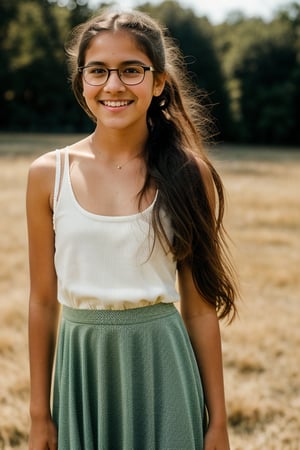a 12 year old Latina girl, (((12yo))), cute preteen girl with dark brown hair, tied back in a ponytail, and expressive eyes, with round glasses. She has a slender figure, Full body, brown eyes, , her expression joyful, open smile, a natural elegance in her bearing. Rosa is a strong and determined girl, just like her mother. She is passionate and loving, but can also be stubborn. She has a major crush on her childhood friend 13 year old Irish American boy named Zach. She dresses in clothing, ((a long dress and a long skirt)), 1girl, full body, masterpiece, best quality, high resolution, 8K, HDR, bloom, raytracing, detailed shadows, bokeh, depth of field, film photography, film grain, glare, (wind:0.8), detailed hair, ultra detailed eyes, cinematic lighting, (hyperdetailed:1.15),