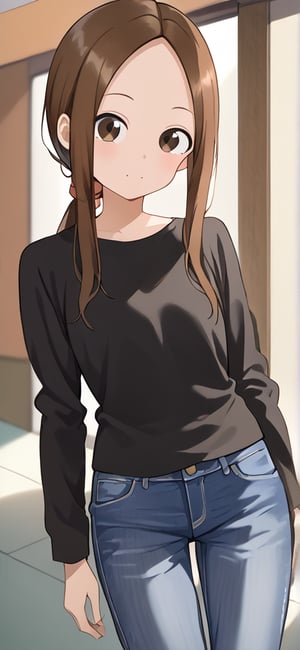 aatakagi, solo, aged up, long hair, brown hair, low ponytail, parted bangs, black shirt, long long sleeves, jeans, pants