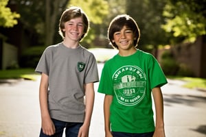 14 year old Irish American boy with brown hair wearing a t shirt, with his best friend who is a 13 year old Asian American boy wearing a t shirt,