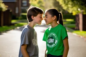 14 year old Irish American boy with very short brown hair wearing a t shirt, with his best friend who is a 13 year old Asian American tomboy wearing a ponytail, looking at another, kiss, kissing 