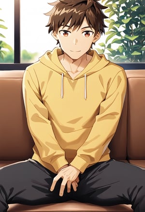 An animated animated image of MIZUHARA CHIZURU sitting on a bench. The man is wearing a green shirt and black pants. His hair is short and brown. His eyes are blue and he has an aroused look on his face. He is smiling, His left hand is touching his crotch . His arms are crossed over his chest. His head is turned to the right and his mouth is slightly open. He has a yellow hoodie over his shirt. His pants are black and his arms are folded over his left shoulder. He is sitting on a couch, spread legs. The wall behind the man is white and there is a window to the left of the man.