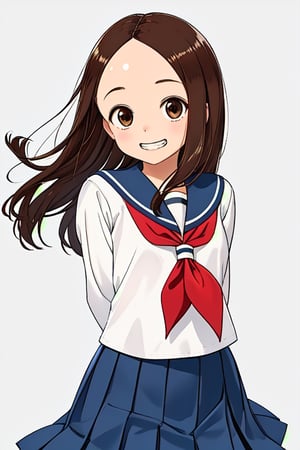 1girl, solo, long hair, looking at viewer, smile, bangs, simple background, brown hair, white background, brown eyes, grin, parted bangs,arms behind back, denim, forehead, aatakagi, sailor collar,red neckerchief, sailor shirt,white shirt, pleated skirt,blue skirt