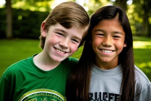 14 year old Irish American boy with brown hair wearing a t shirt, with his best friend who is a 13 year old Asian American tomboy girl wearing a t shirt