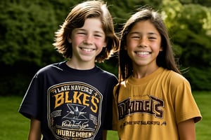 13 year old Irish American boy with  brown hair wearing a t shirt, with his best friend who is a 12 year old asian American tomboy girl, both have boys haircuts 