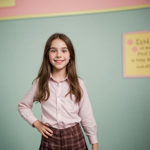 Solo, Zoey, an 11-year-old girl with long, dark brown hair and bright eyes, beaming with a big wide open smile in a clean and modern school photo backdrop, her plaid button down shirt pops against soft features. Wearing pants and sneakers, upper body, Freckles on her nose and a subtle crease on her forehead. As a closeted trans person who wants to be a boy, Zoey's presence takes center stage amidst blurred background colors. A gentle flush rises to her cheeks as she thinks of her childhood friend Zach, the object of her secret crush.