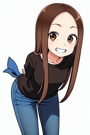 1girl, solo, long hair, looking at viewer, smile, bangs, simple background, brown hair, shirt, long sleeves, white background, brown eyes, sidelocks, pants, grin, parted bangs, black shirt, leaning forward, arms behind back, denim, forehead, jeans, blue pants, Takagi-san