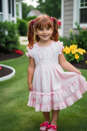 "Nicolette, 8 years old, stands in her front yard, her long red hair styled in two neat pigtails tied with bright pink ribbons. She’s wearing a frilly, pastel-colored dress with a matching pair of sparkly shoes, perfectly reflecting her girly personality at the time. With a soft smile, she holds a small bouquet of flowers she’s just picked, standing shyly as she watches Zach, her best friend and neighbor, playing with his toy cars nearby. Her eyes follow him eagerly, a blush creeping across her cheeks, hoping for his attention. There’s a gentle grace in the way she stands, still completely in her girly phase, unaware of the tomboyish transformation that would later take hold."