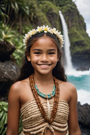 cinematic film still,Portrait of a 12 year old  polynesian girl named Moana, wearing traditional Polynesian clothing, smiling; pacific island with waterfall in the background, ambient light, Nikon 15mm f/1.8G, by Alessio Albi, by Annie Leibowitz, by Lee Jeffries