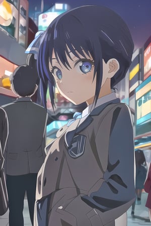 ((best quality)),((highly detailed)),masterpiece,absurdres,detailed face,beautiful face,(detailed eyes, deep eyes),(1girl),((dynamic pose)), ,minase, blue eyes, school uniform, long hair, very long hair, straight hair,blue hair, bangs,walking, at night, (eyes looking away from the viewer:1.3, looking away from viewer:1.3), hands in pocket, nighttime, city streets, neon signs, crowd behind,