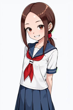 1girl, solo, long hair, looking at viewer, smile, bangs, simple background, brown hair, white background, brown eyes, grin, parted bangs,arms behind back, denim, forehead, bbtakagi, low ponytail, sailor collar,red neckerchief, sailor shirt,white shirt, pleated skirt,blue skirt