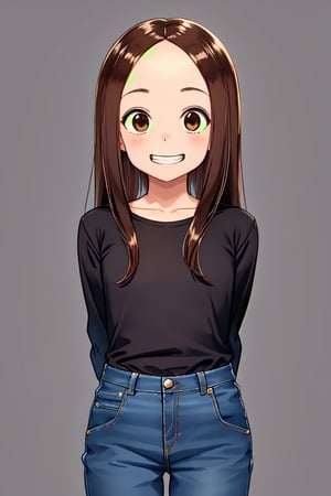 1girl, solo, long hair, looking at viewer, smile, bangs, simple background, brown hair, shirt, long sleeves, white background, brown eyes, sidelocks, pants, grin, parted bangs, black shirt, arms behind back, denim, forehead, jeans, blue pants, aatakagi,