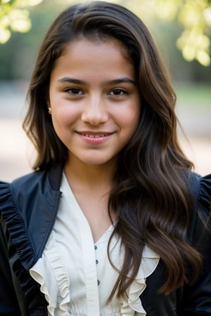 a 12 year old old  Latina girl, (((12yo))),  cute, preteen girl with dark brown hair, and expressive eyes. She has a slender figure, light brown eyes, her expression joyful, open smile, a natural elegance in her bearing. Rosa is a strong and determined girl, just like her mother. She is passionate and loving, but can also be stubborn and stubborn. She has a major crush on her childhood friend named Zach. She cares deeply about family tradition. She usually dresses in comfortable but elegant clothing, (((a jacket, Blouse with ruffles and a long skirt))), (((full body))), (totale dark background), standing outside at a park, 1girl, masterpiece, best quality, high resolution, 8K, HDR, bloom, raytracing, detailed shadows, bokeh, depth of field, film photography, film grain, glare, (wind:0.8), detailed hair, beautiful face, beautiful girl, ultra detailed eyes, cinematic lighting, (hyperdetailed:1.15)
