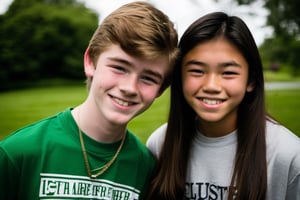 18 year old Irish American boy with brown hair wearing a t shirt, with his best friend who is a 17 year old Asian American girl wearing a dress,