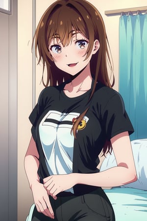 Kanojo anime lineart, Chizuru, kiryuu mizuha, 1girl, dark black hair, very long hair, bangs, brown eyes, breasts,

short sleeves, black shirt, t-shirt, shirt, 1girl,  black pants, 

smile,

looking at viewer, indoors, bedroom,

highest quality, masterpiece, best quality, highly detailed, perfect scenery, perfect lighting, perfect scenery, uncensored, high resolution, unity 8k wallpaper, (illustration:0.8), beautiful detailed eyes, negative_hand, negative_hand-neg, uncensored,