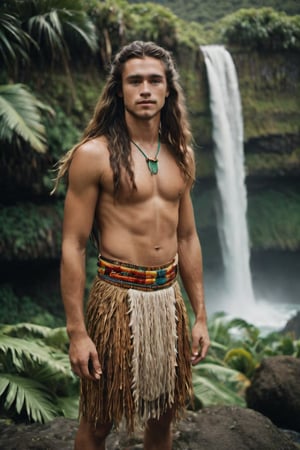 cinematic film still, full body, portrait of 20 year old Irish American man named Steve, wearing traditional Polynesian clothing, long hair; pacific island with waterfall in the background, ambient light, Nikon 15mm f/1.8G, by Alessio Albi, by Annie Leibowitz, by Lee Jeffries