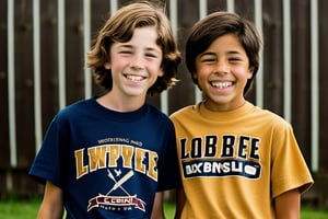 13 year old Irish American boy with short brown hair wearing a t shirt, with his best friend who is a 12 year old Asian American tomboy with short hair.both have men's haircuts