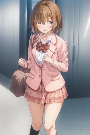 masterpiece, best quality,1girl,solo,kiryuu mizuha,brown hair,short hair,hair between eyes,red eyes,hairclip,bow tie,school uniform,pink jacket,white shirt,miniskirt,blue checkered skirt,socks,,anime screencap, 