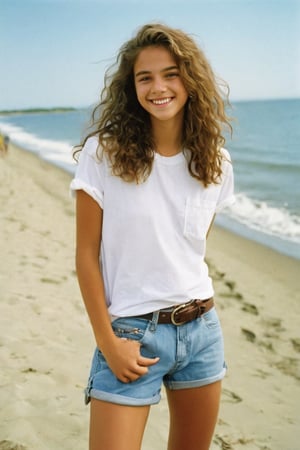 Here's the prompt:

photo of a rich 18-year-old mixed with Brazilian and German tomboy model, with long, wavy hair and a bright, cute smile, posed in a relaxed stance on Cape Cod. She sports a casual look, wearing a fitted t-shirt and long cargo shorts, exuding a laid-back 'guy' vibe. She is a dyke, Her hazel eyes sparkle under the soft lens of a Kodak Ultra Max disposable camera, capturing her effortless tomboy charm in a full-body shot that's both carefree and captivating.