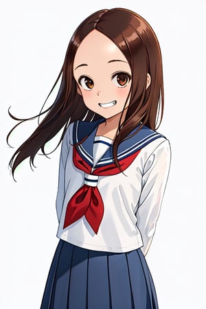 1girl, solo, long hair, looking at viewer, smile, bangs, simple background, brown hair, white background, brown eyes, grin, parted bangs,arms behind back, denim, forehead, aatakagi, sailor collar,red neckerchief, sailor shirt,white shirt, pleated skirt,blue skirt