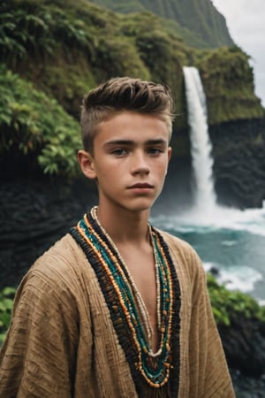 cinematic film still, full shot of 15 year old Irish American teenage boy named Steve, wearing traditional Polynesian clothing, short hair; pacific island with waterfall in the background, ambient light, Nikon 15mm f/1.8G, by Alessio Albi, by Annie Leibowitz, by Lee Jeffries