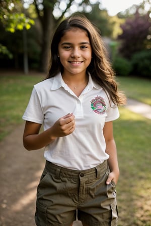 a 12 year old Latina girl, (((12yo))),  cute preteen girl with dark brown hair, and expressive eyes, Full body, brown eyes, her expression joyful, open smile, a natural elegance in her bearing.  Rosa is a strong and determined girl, just like her mother. She is passionate and loving, but can also be stubborn. She has a major crush on her childhood friend 13 year old Irish American boy named Zach. She dresses in clothing, (((shirt, cargo shorts)), 1girl, full body, masterpiece, best quality, high resolution, 8K, HDR, bloom, raytracing, detailed shadows, bokeh, depth of field, film photography, film grain, glare, (wind:0.8), detailed hair, ultra detailed eyes, cinematic lighting, (hyperdetailed:1.15),