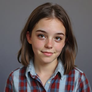 Zoey, an 12-year-old girl with medium short neck length, dark brown hair and bright eyes, beaming with a warm smile in a clean and modern school photo backdrop, her plaid button down shirt pops against soft features. Full body, Freckles on her nose and a subtle crease on her forehead. As a closeted trans person who wants to be a boy, Zoey's presence takes center stage amidst blurred background colors. A gentle flush rises to her cheeks as she thinks of her childhood friend Zach, the object of her secret crush. Upper body 
