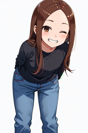 1girl, solo, long hair, looking at viewer, kiss, bangs, simple background, brown hair, shirt, long sleeves, white background, eyes closed, sidelocks, pants, grin, parted bangs, black shirt, leaning forward, arms behind back, denim, forehead, jeans, blue pants,aatakagi