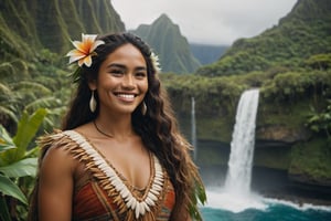 cinematic film still, full shot of a 30 year old Polynesian woman named Moana, smiling, wearing traditional Polynesian clothing; pacific island with waterfall in the background, ambient light, Nikon 15mm f/1.8G, by Alessio Albi, by Annie Leibowitz, by Lee Jeffries