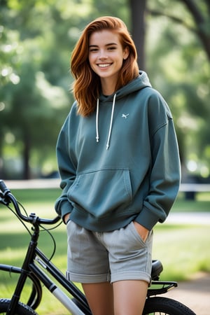 "Nicolette, now 18, stands tall and confident in the park, her long red hair still styled in a masculine fashion, tied back loosel. She wears a faded hoodie, cargo shorts, and scuffed-up sneakers, Her posture is relaxed, hands casually in her pockets, as she watches Zach with a sly grin while he practices tricks on his bike nearby. Nicolette's demeanor is completely boyish and masculine, showing no trace of the girly girl she once was to the extent that her legs are now unshaven. The bond between her and Zach is undeniable, with playful banter passing between them, but there's also a deeper connection now. Her eyes follow him with a mix of admiration and affection, revealing the strong feelings she’s carried for him all these years, especially now that they’ve finally started dating."